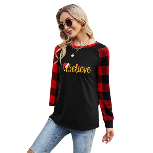 Women Believe Christmas Shirt Long Sleeve Christmas Blouse T-Shirt