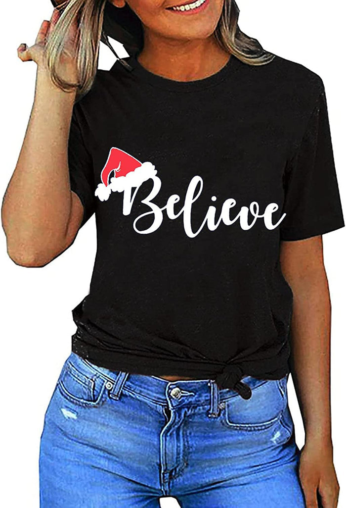 Women Believe Christmas Shirt Long Sleeve Christmas Blouse T-Shirt