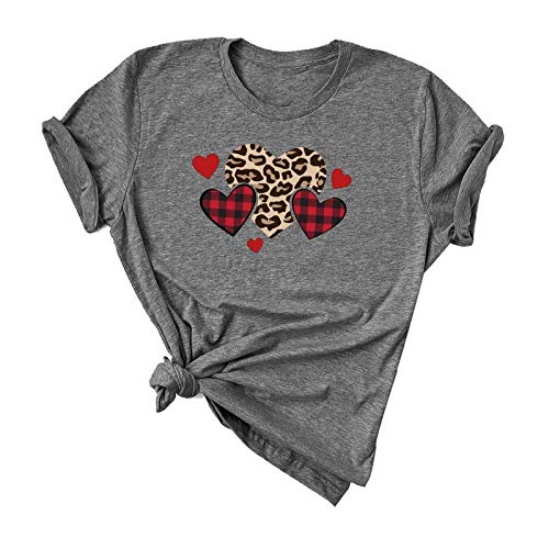 Women Buffalo Plaid & Leopard Heart T-Shirt for Valentine's Day