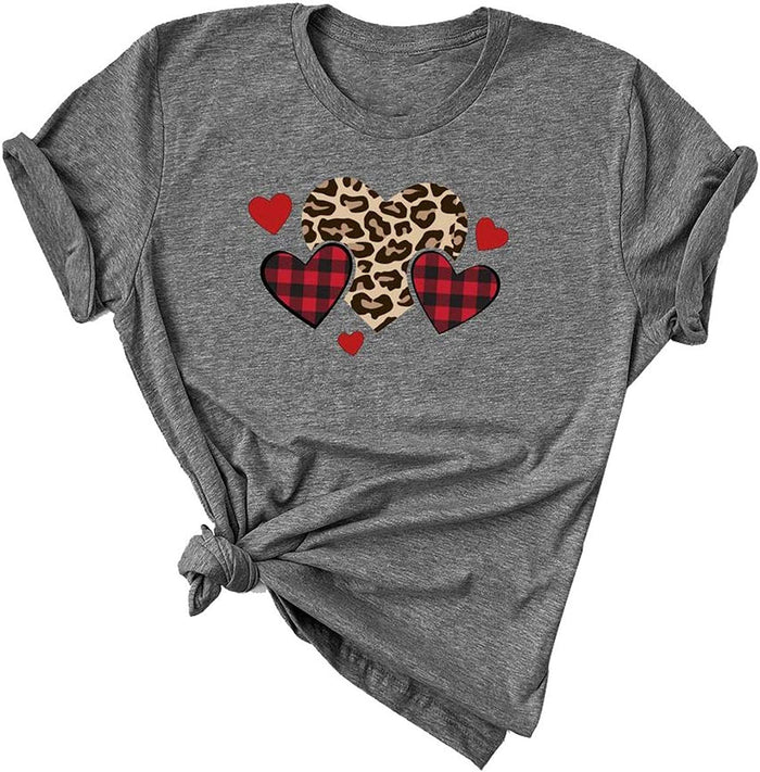 Women Buffalo Plaid & Leopard Heart T-Shirt for Valentine's Day