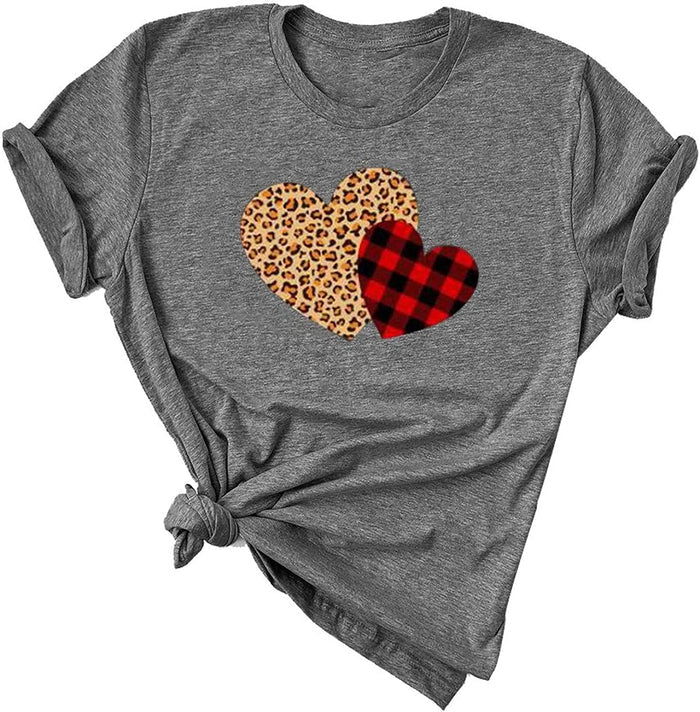 Women Buffalo Plaid & Leopard Heart T-Shirt for Valentine's Day