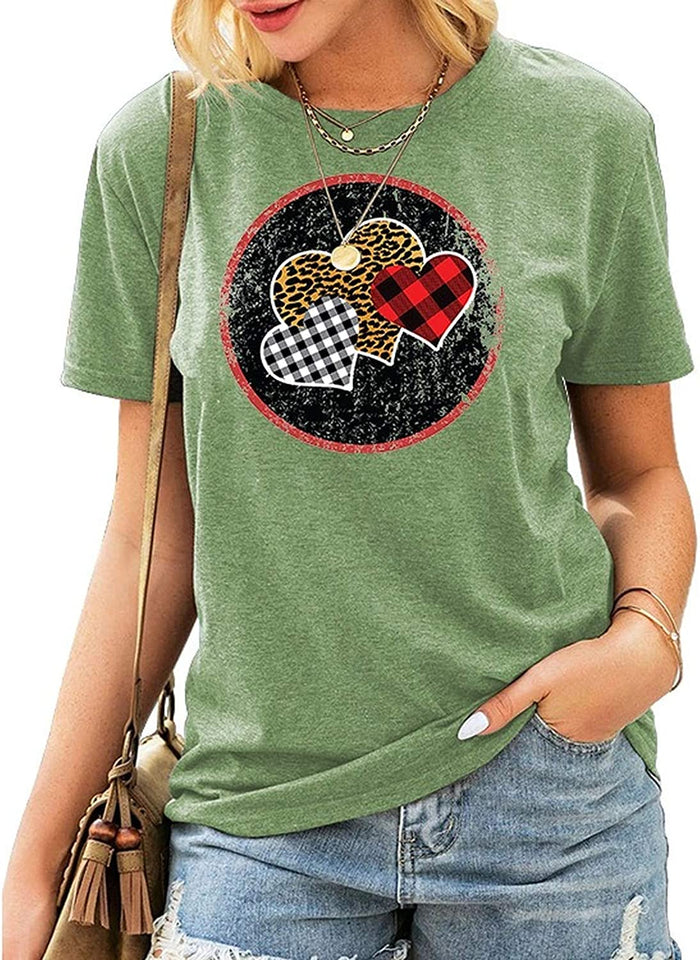 Women Buffalo Plaid & Leopard Heart T-Shirt Valentine Shirt