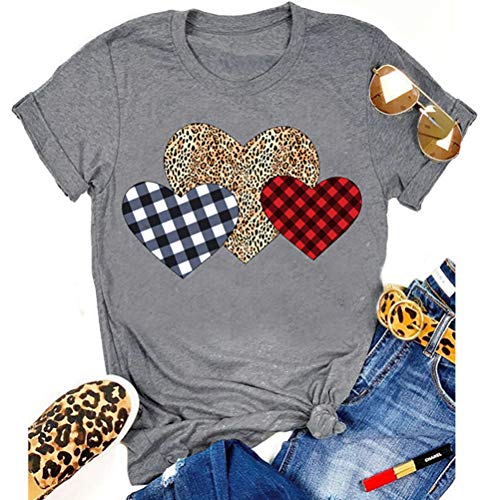 Women Buffalo Plaid & Leopard Heart T-Shirt