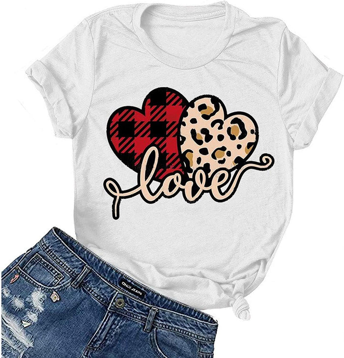Women Buffalo Plaid & Leopard Love T-Shirt Valentine's Day Shirt