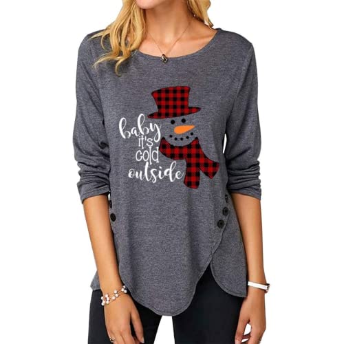 Women Christmas Snowman Printed Irregular Button Long Sleeve Round Neck Shirt