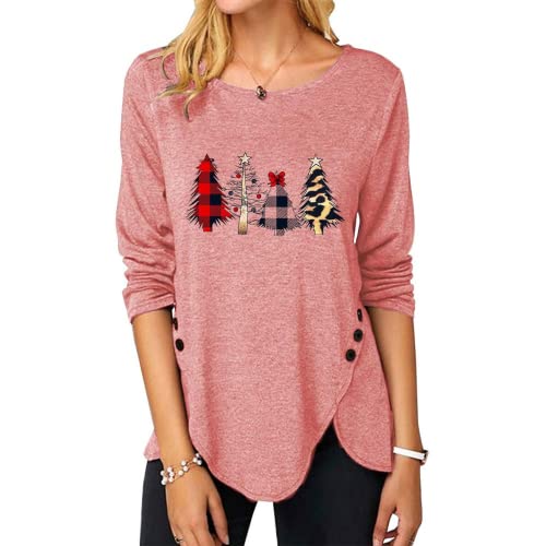 Women Christmas Tree Top Irregular Button Long Sleeve Round Neck Shirt