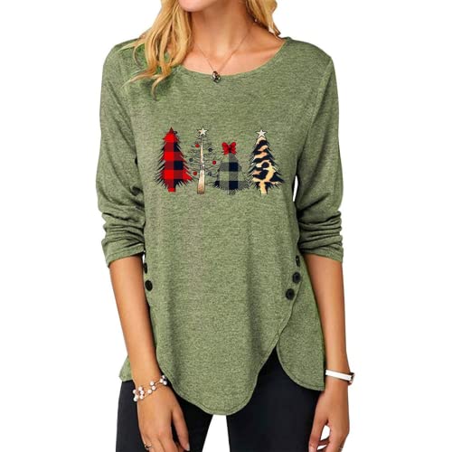 Women Christmas Tree Top Irregular Button Long Sleeve Round Neck Shirt