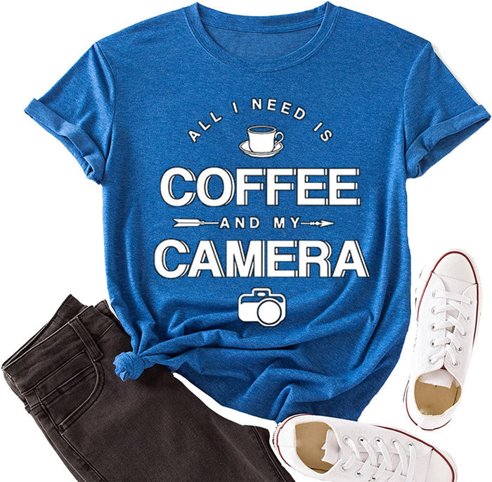 Women Coffee and My Camera T-Shirt Coffee Graphic Shirt