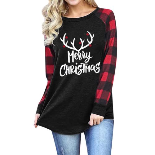 Women Fashion Blouse Christmas Deer Head Buffalo Plaid Long Sleeve Shirt