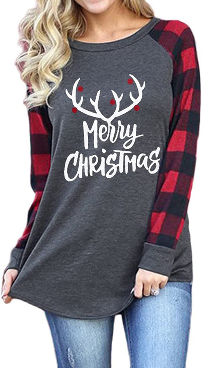 Women Fashion Blouse Christmas Deer Head Buffalo Plaid Long Sleeve Shirt