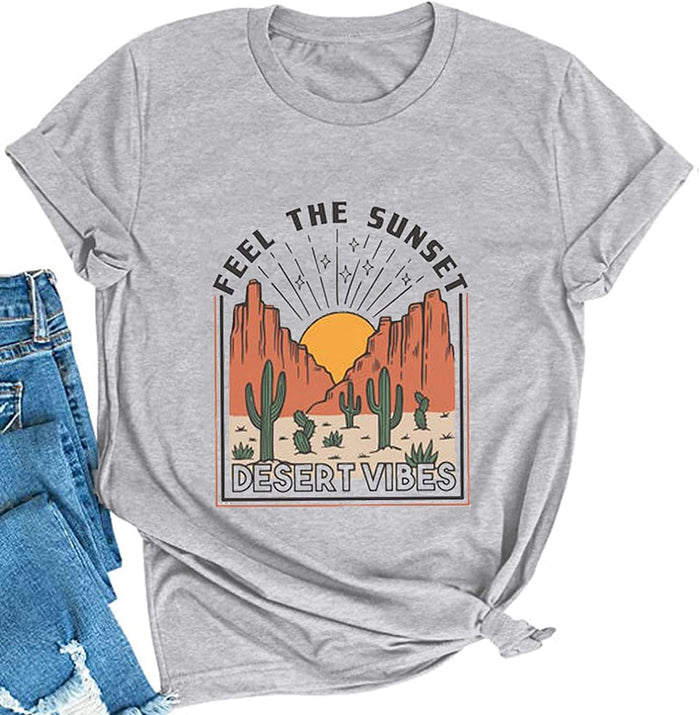 Women Feel The Sunset Desert Vibes Cactus T-Shirt Retro Cactus Shirt