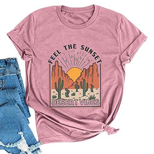 Women Feel The Sunset Desert Vibes Cactus T-Shirt Retro Cactus Shirt