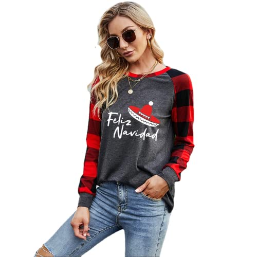 Women Feliz Navidad Shirt Santa Hat Sombrero Buffalo Plaid Sleeve Blouse
