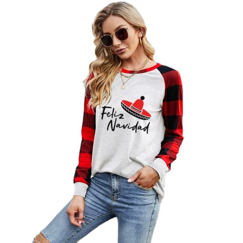 Women Feliz Navidad Shirt Santa Hat Sombrero Buffalo Plaid Sleeve Blouse