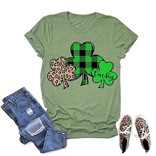 Women Green Buffalo Plaid & Leopard Lucky Clovers T-Shirt St Patricks Day Shirt
