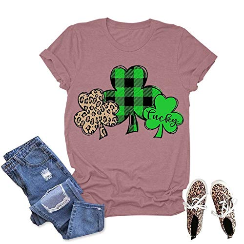 Women Green Buffalo Plaid & Leopard Lucky Clovers T-Shirt St Patricks Day Shirt