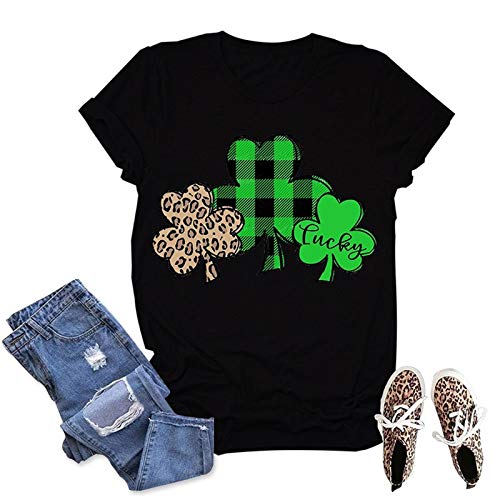 Women Green Buffalo Plaid & Leopard Lucky Clovers T-Shirt St Patricks Day Shirt