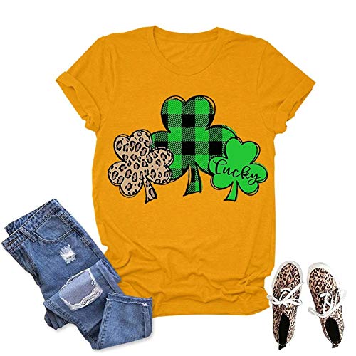 Women Green Buffalo Plaid & Leopard Lucky Clovers T-Shirt St Patricks Day Shirt