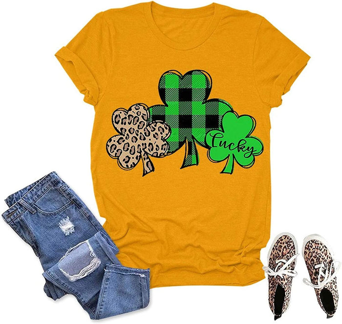 Women Green Buffalo Plaid & Leopard Lucky Clovers T-Shirt St Patricks Day Shirt