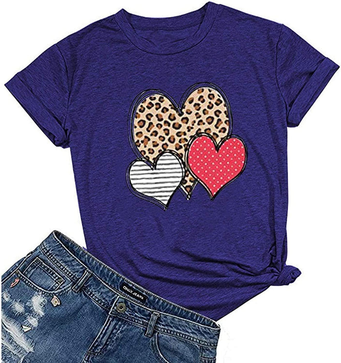Women Leopard Stripe & Polka Dot Heart T-Shirt
