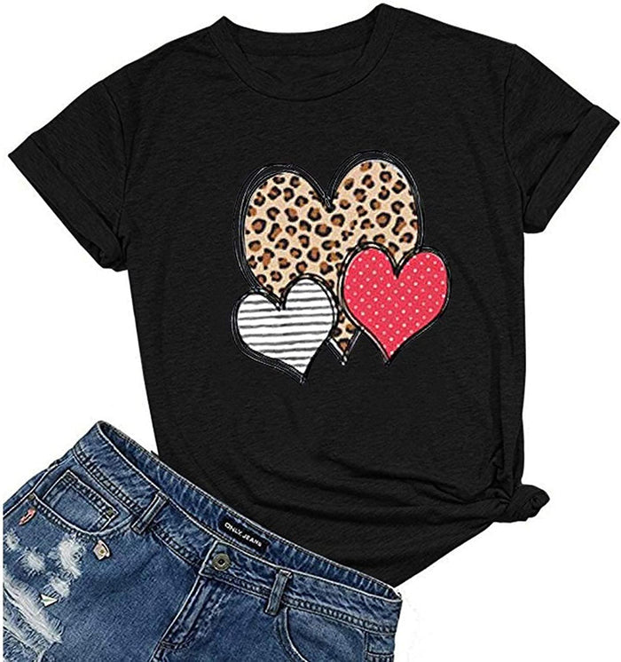Women Leopard Stripe & Polka Dot Heart T-Shirt