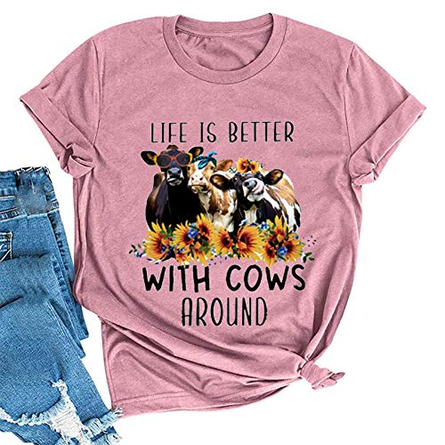 Women Life is Better with Cows Around T-Shirt Sunflower Cow Heifer T-Shirt