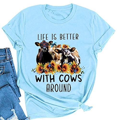 Women Life is Better with Cows Around T-Shirt Sunflower Cow Heifer T-Shirt