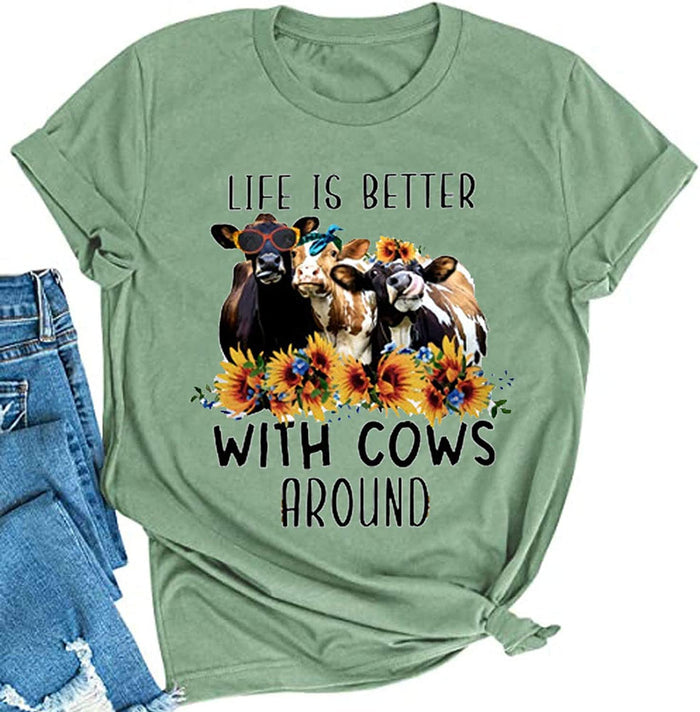 Women Life is Better with Cows Around T-Shirt Sunflower Cow Heifer T-Shirt