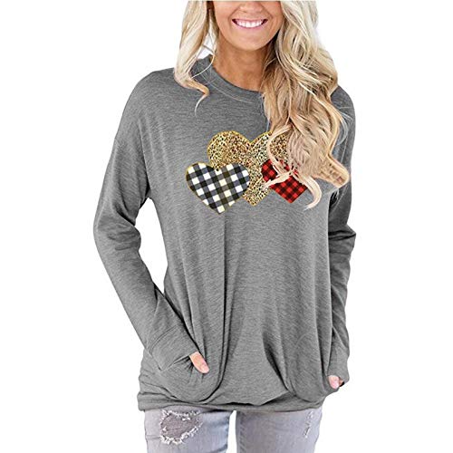 Women Long Sleeve Buffalo Plaid & Leopard Heart Blouse with Pockets