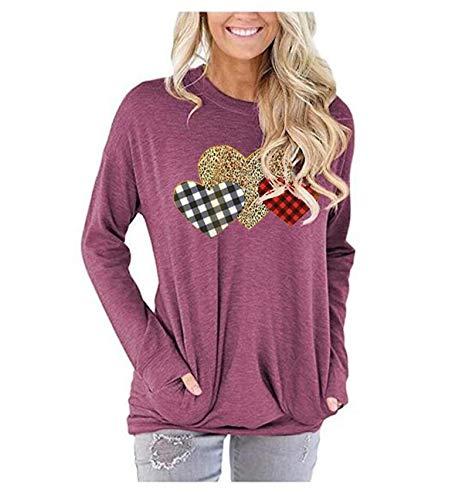 Women Long Sleeve Buffalo Plaid & Leopard Heart Blouse with Pockets