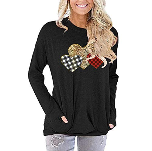 Women Long Sleeve Buffalo Plaid & Leopard Heart Blouse with Pockets