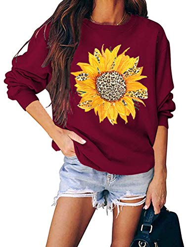 Women Long Sleeve Leopard Sunflower Sweatshirt Floral Leopard Shirt