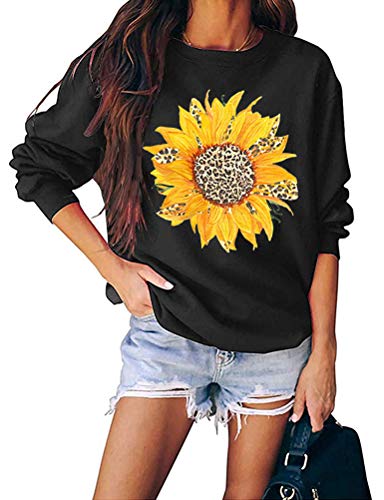 Women Long Sleeve Leopard Sunflower Sweatshirt Floral Leopard Shirt