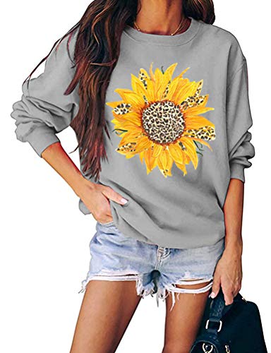 Women Long Sleeve Leopard Sunflower Sweatshirt Floral Leopard Shirt