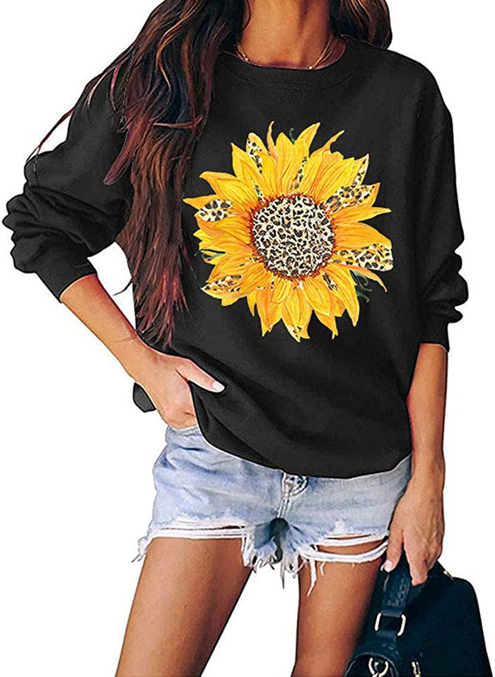 Women Long Sleeve Leopard Sunflower Sweatshirt Floral Leopard Shirt