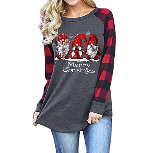 Women Long Sleeve Plaid Sleeve Santa Blouse Merry Christmas Shirt