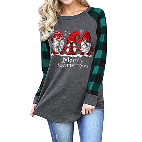 Women Long Sleeve Plaid Sleeve Santa Blouse Merry Christmas Shirt