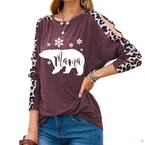 Women Mama Bear Fashion Shirt Leopard Print Long Sleeves Christmas Blouse