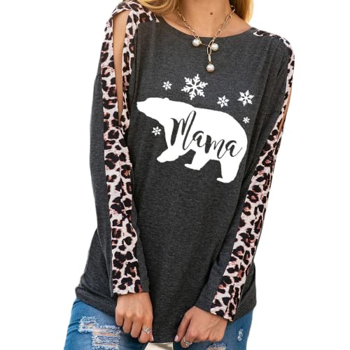 Women Mama Bear Fashion Shirt Leopard Print Long Sleeves Christmas Blouse