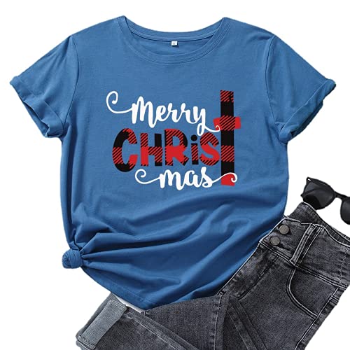 Women Merry Christmas T-Shirt Buffalo Plaid Christ Shirt