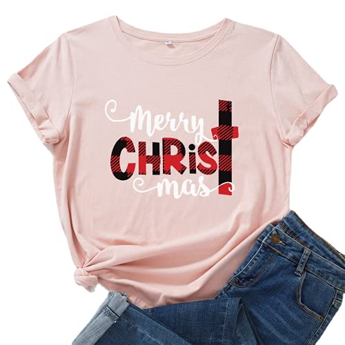 Women Merry Christmas T-Shirt Buffalo Plaid Christ Shirt