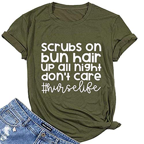 Women Nurse Life Shirt Scrubs on Bun Hair up All Night T-Shirt