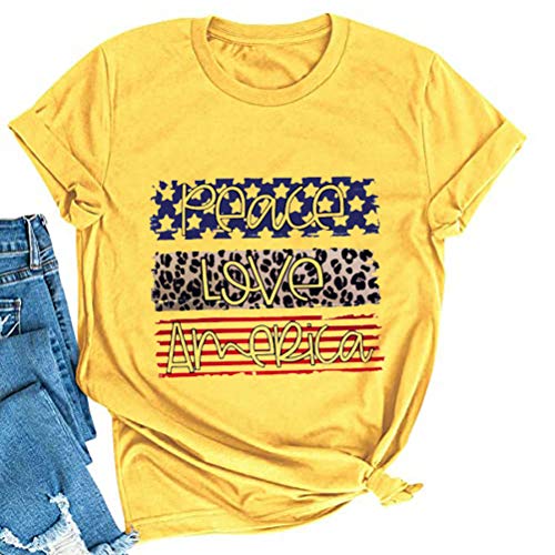 Women Peace Love America Patriotic T-Shirt Leopard American Flag Shirt