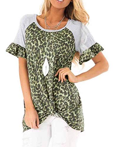 Women Raglan Short Sleeve Leopard Stitching Twist Knotted T-Shirt