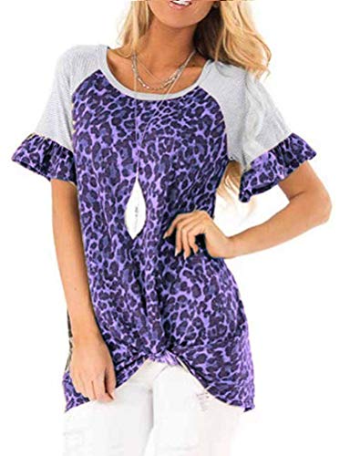 Women Raglan Short Sleeve Leopard Stitching Twist Knotted T-Shirt