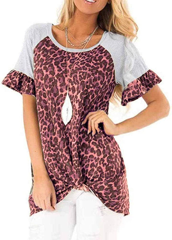 Women Raglan Short Sleeve Leopard Stitching Twist Knotted T-Shirt