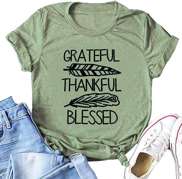 Women Thankful Grateful Blessed T-Shirt Thanksgiving Shirt