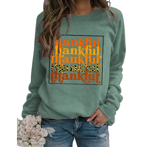 Women Thankful Sweatshirt Long Sleeve Leopard Print Graphic Thanksgiving Shirt
