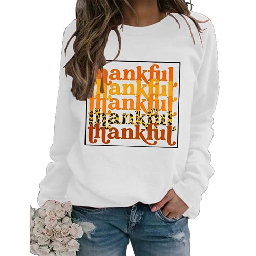 Women Thankful Sweatshirt Long Sleeve Leopard Print Graphic Thanksgiving Shirt