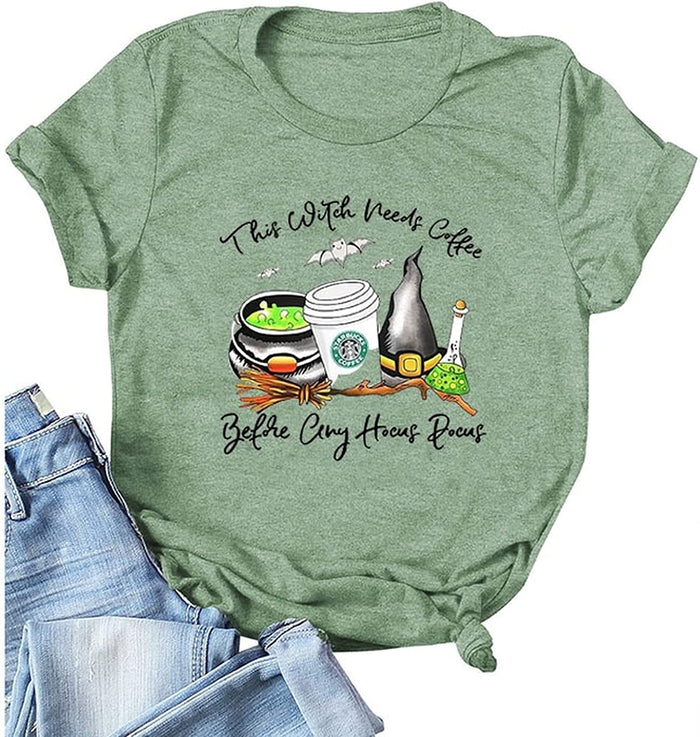 Women This Witch Needs Coffee T-Shirt Halloween Shirt